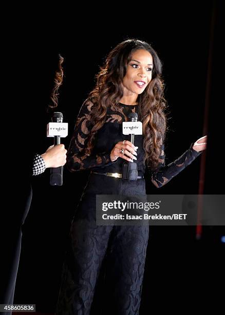 Rrecording artist Michelle Williams speaks onstage during the 2014 Soul Train Music Awards at the Orleans Arena on November 7, 2014 in Las Vegas,...