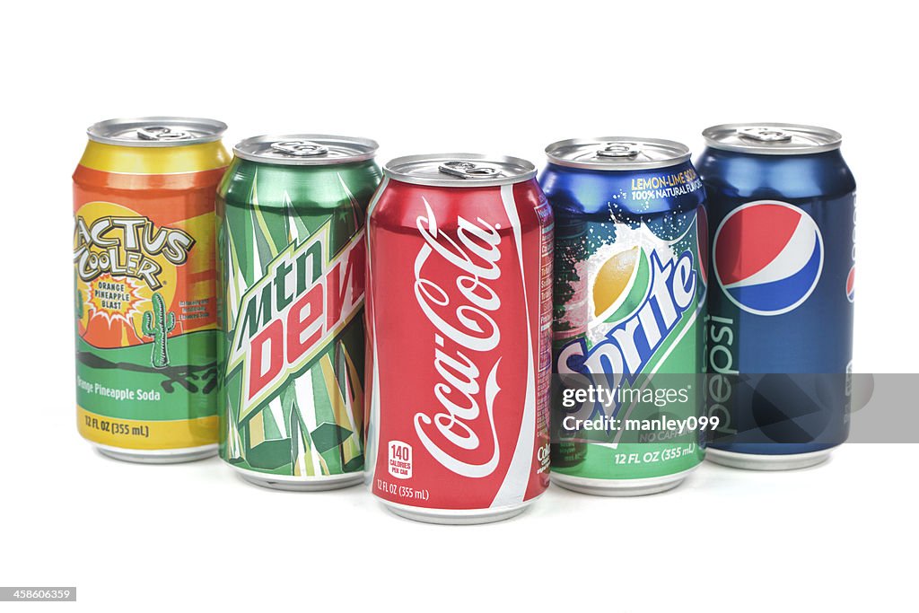 Soda cans on an isolated white background