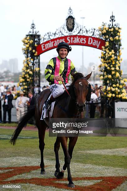 Damien Oliver rides Suavito to scale after winning race eight the Momentum Energy Stakes on Stakes Day at Flemington Racecourse on November 8, 2014...