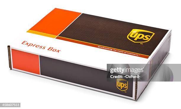clipping path - ups box with shadow - ups package stock pictures, royalty-free photos & images