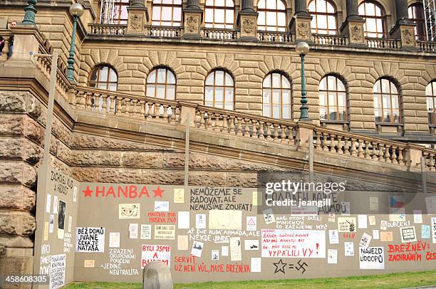 protest posters in prague - communism stock pictures, royalty-free photos & images