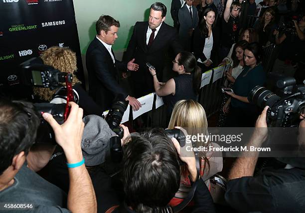 Actors Matt Damon and Ben Affleck attend HBO Reveals Winner of "Project Greenlight" Season 4 at BOULEVARD3 on November 7, 2014 in Los Angeles,...