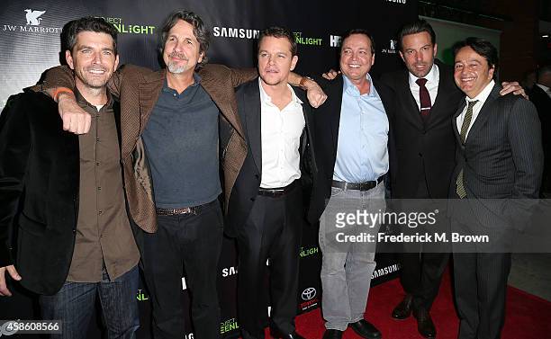 Marc Joubert, Peter Farrelly, Matt Damon, Bobby Farrelly, Ben Affleck, Len Amato attend HBO Reveals Winner of "Project Greenlight" Season 4 at...