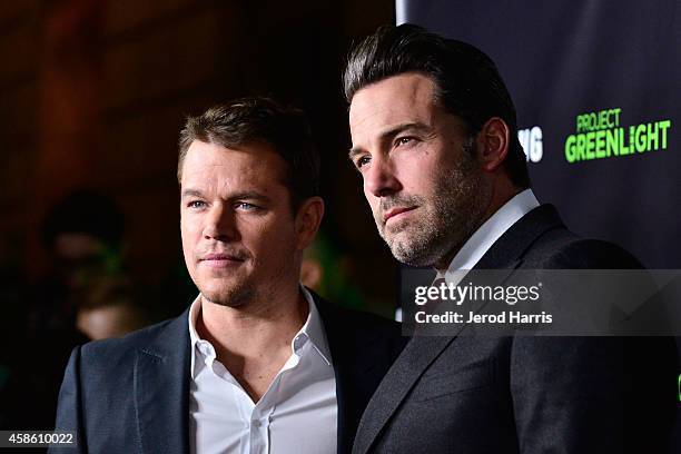 Matt Damon and Ben Affleck attend the 'Project Greenlight' event at Boulevard3 on November 7, 2014 in Hollywood, California.