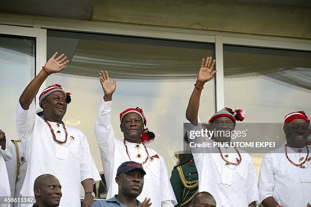 Ghanaian President John Mahama, Ivorian President Alassane Ouattara, Nigerian President Goodluck Jonathan and host governor Godswill Akpabio attend...