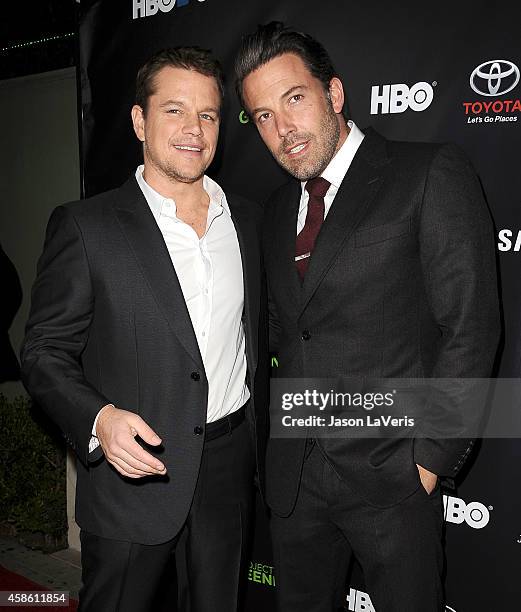 Actors Matt Damon and Ben Affleck attend the "Project Greenlight" event at Boulevard3 on November 7, 2014 in Hollywood, California.