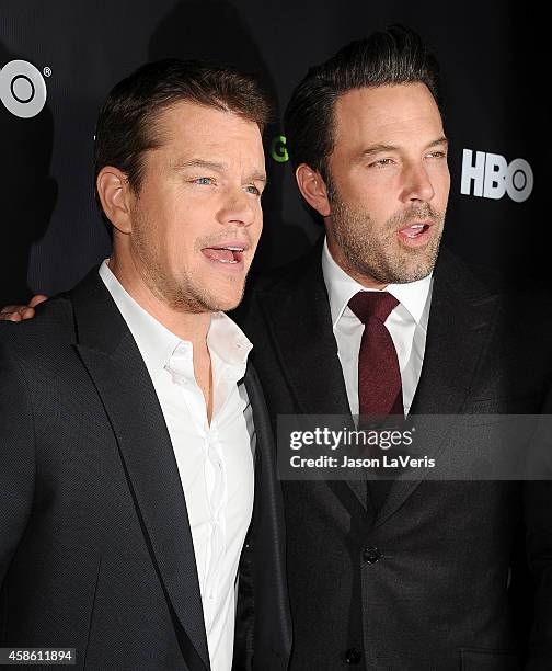 Actors Matt Damon and Ben Affleck attend the "Project Greenlight" event at Boulevard3 on November 7, 2014 in Hollywood, California.