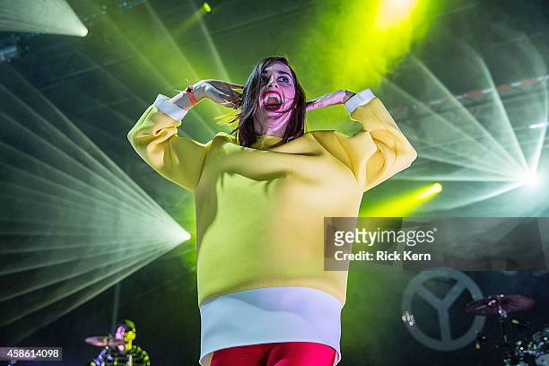 Vocalist Julie Budet aka Yelle performs on stage during Day 1 of Fun Fun Fun Fest at Auditorium Shores on November 7, 2014 in Austin, Texas.