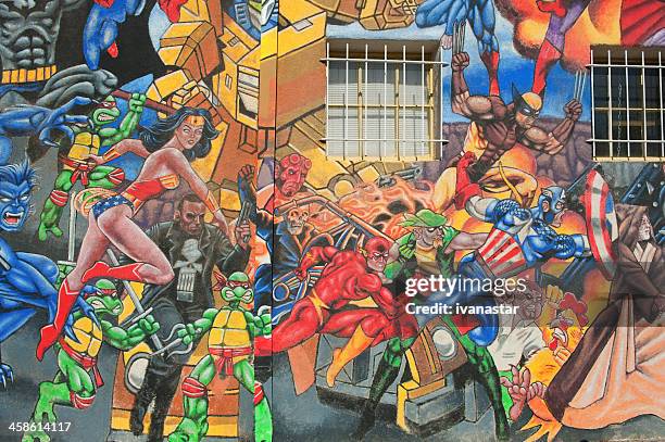 super heros street mural - superman named work stock pictures, royalty-free photos & images