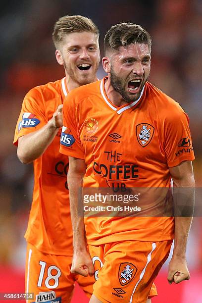 Brandon Borrello of the Roar celebrates after kicking a goal during the round five A-League match between the Brisbane Roar and Melbourne City at...