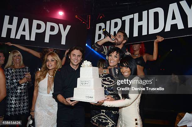 Faye Resnick, Jonathan Cheban, Scott Disick, Kris Jenner and Malika Haqq celebrate Kris Jenner's birthday at 1 OAK nightclub on November 7, 2014 in...