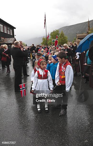 children  in national norwegian  costumes and flags. - bunad stock pictures, royalty-free photos & images