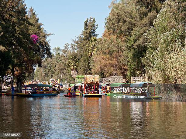 trajinera boats in xochimilco, mexico city - trajinera stock pictures, royalty-free photos & images