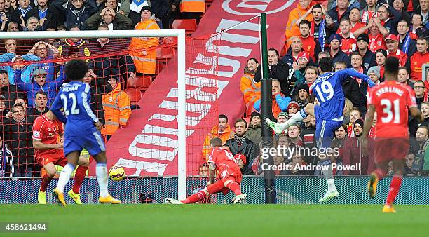 Diego Costa of Chelsea scores to make it 1-2 during the Barclays Premier League match between Liverpool and Chelsea at Anfield on November 8, 2014 in...