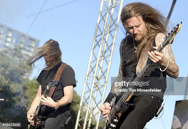 Johan Soderberg and Ted Lundstrom of Amon Amarth perform during the Fun Fun Fun Festival at Auditorium Shores on November 7, 2014 in Austin, Texas.