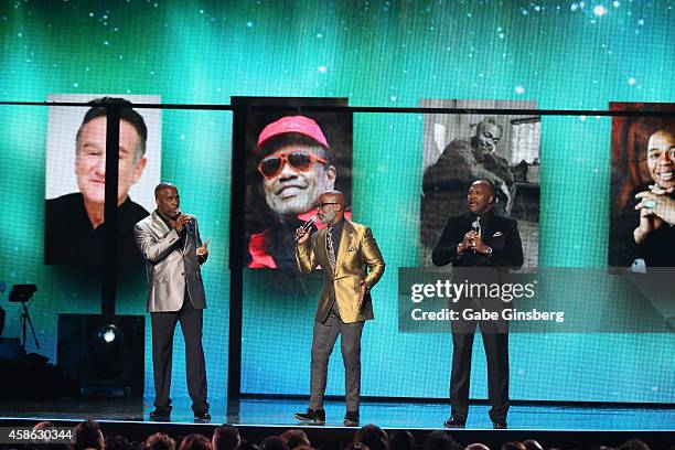 Singers Carvin Winans, BeBe Winans and Marvin Winans of 3 Winans Brothers perform onstage during the 2014 Soul Train Music Awards at the Orleans...