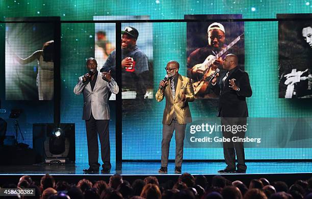 Singers Carvin Winans, BeBe Winans and Marvin Winans of 3 Winans Brothers perform onstage during the 2014 Soul Train Music Awards at the Orleans...