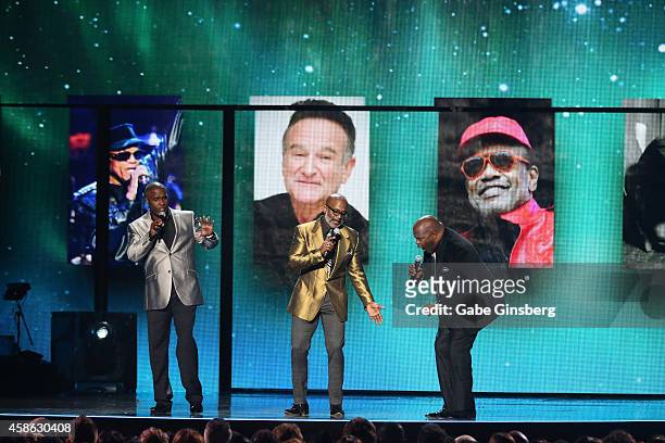 Singers Carvin Winans, BeBe Winans and Marvin Winans of 3 Winans Brothers perform onstage during the 2014 Soul Train Music Awards at the Orleans...