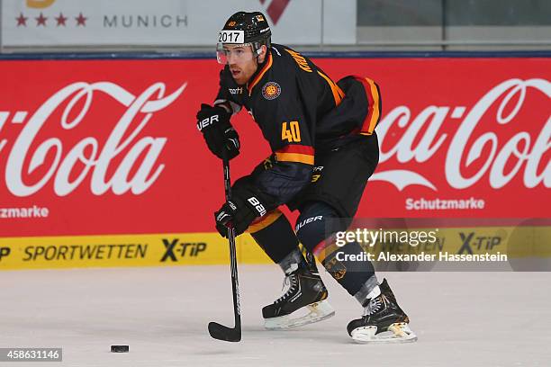 Bjoern Krupp of Germany during match 2 of the Deutschland Cup 2014 between Germany and Switzerland at Olympia Eishalle on November 7, 2014 in Munich,...