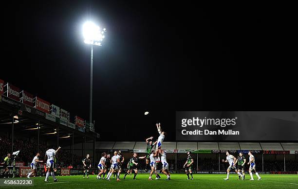 General view of the teams competing for the lineout during the LV= Cup match between Exeter Chiefs and Bath Rugby at Sandy Park on November 8, 2014...