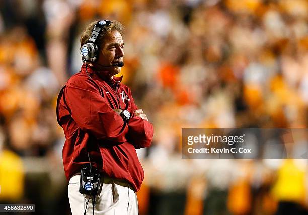 Head coach Nick Saban of the Alabama Crimson Tide against the Tennessee Volunteers at Neyland Stadium on October 25, 2014 in Knoxville, Tennessee.