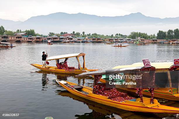 shikaras y houseboats en el lago dal - lago dal fotografías e imágenes de stock