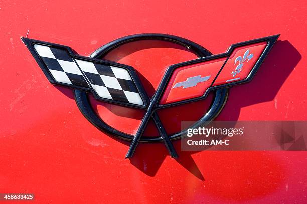 insignia of a corvette c3 sting ray - chevrolet corvette stock pictures, royalty-free photos & images