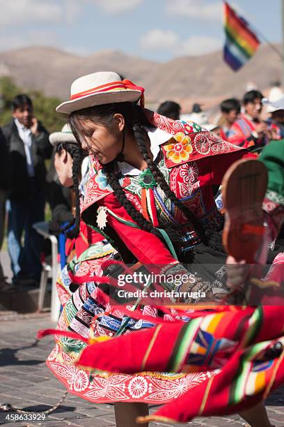 young woman dancing during cusco parade - inti raymi festival stock pictures, royalty-free photos & images