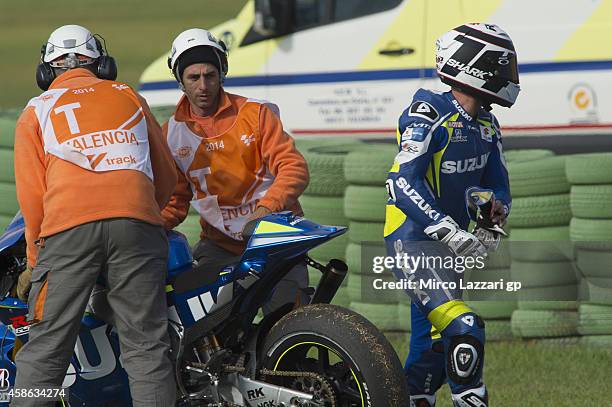 Randy De Puniet of France and Suzuki Test Team crashed out during the MotoGP of Valencia - Qualifying at Ricardo Tormo Circuit on November 8, 2014 in...