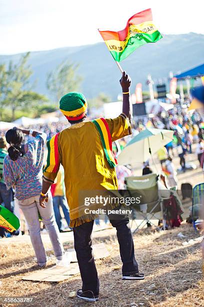 rastaman with rasta flag. - reggae stock pictures, royalty-free photos & images