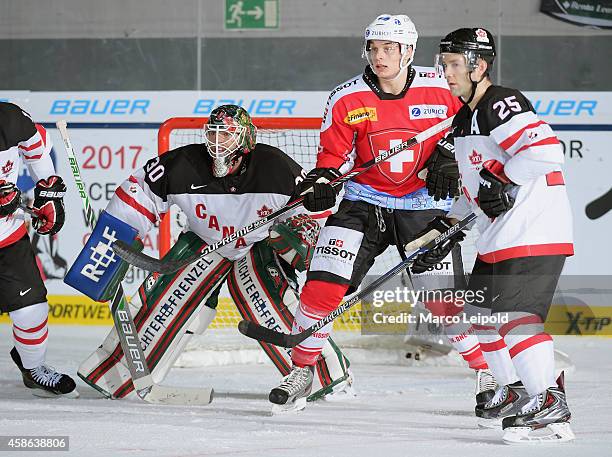 Chris Mason of Team Canada and Cedric Haechler of Team Switzerland during the game between Switzerland and Canada on November 8, 2014 in Munich,...