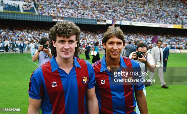 New Barcelona signings Mark Hughes and Gary Lineker pictured at the Nou Camp stadium in 1986 in Barcelona, Spain.