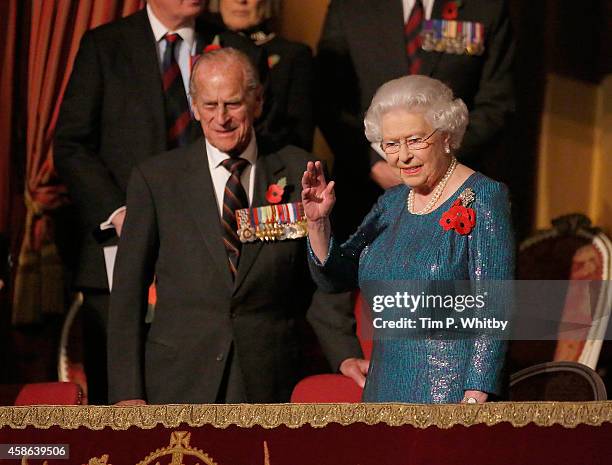 Prince Philip, Duke of Edinburgh and HM Queen Elizabeth II watch The Royal British Legion's Festival of Remembrance at Royal Albert Hall on November...