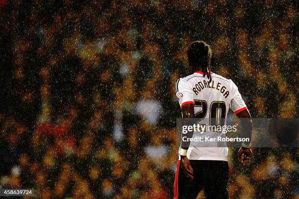 Hugo Rodallega of Fulham is seen during the Sky Bet Championship match between Fulham and Huddersfield Town at Craven Cottage on November 8, 2014 in...