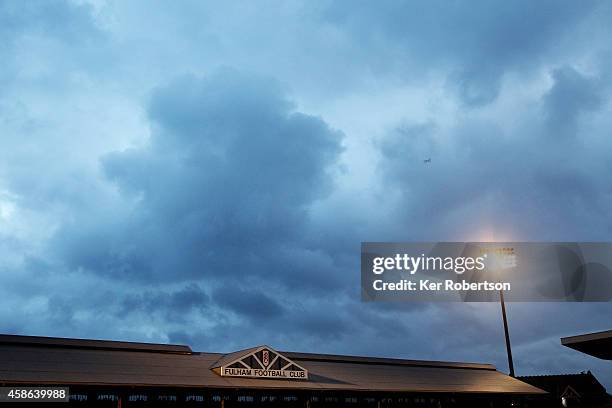 General view of grandstand roof and floodlight during the Sky Bet Championship match between Fulham and Huddersfield Town at Craven Cottage on...