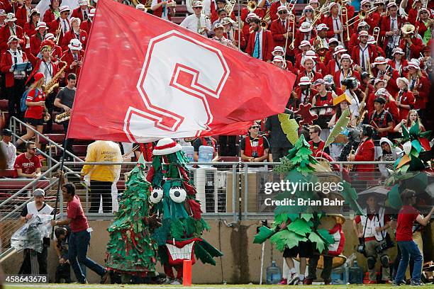 The Stanford band, the Stanford trees, and fans cheer on the Stanford Cardinal after a touchdown against the Oregon State Beavers in the first...