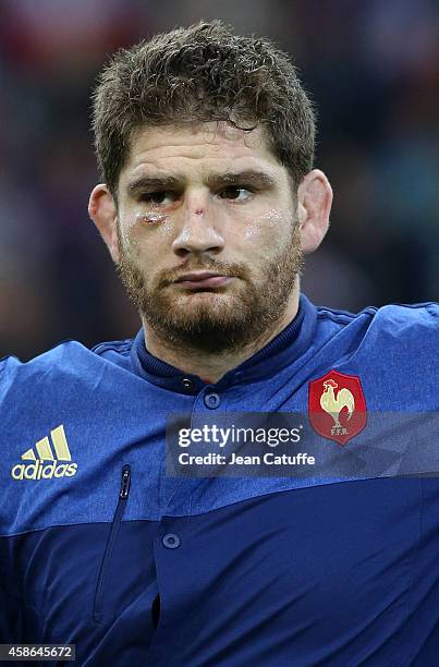 Pascal Pape of France looks on during National Anthems ahead of the friendly match between France and Fiji on November 8, 2014 at Stade Velodrome in...