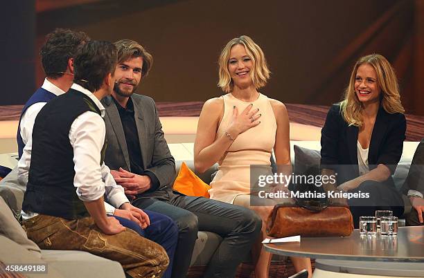 Liam Hemsworth, Jennifer Lawrence and Mirjam Weichselbraun attend Wetten, dass..? from Graz on November 08, 2014 in Graz, Austria.