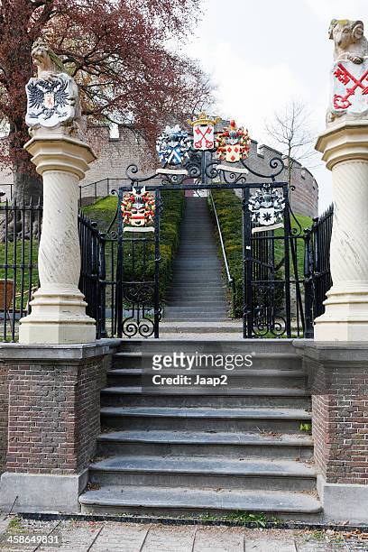 entrance to medieval citadel burcht in leiden - fortress gate and staircases stockfoto's en -beelden