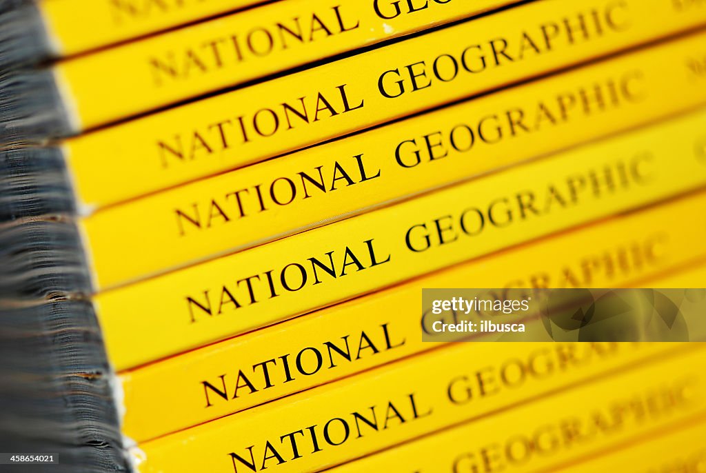 Stack of National Geographic magazines macro close-up