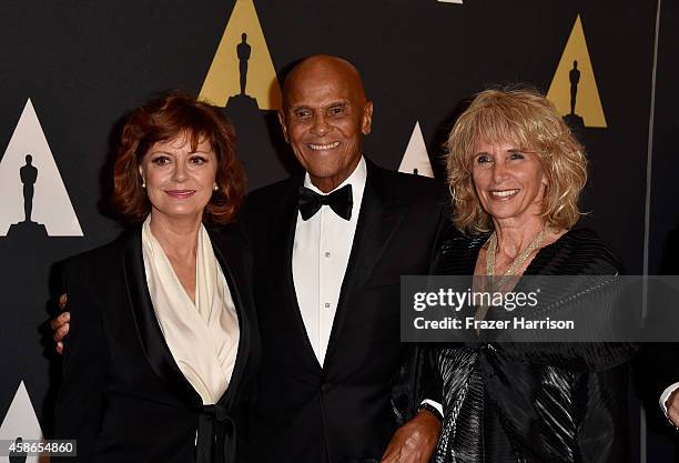 Actress Susan Sarandon, honoree Harry Belafonte, and Pamela Frank attend the Academy Of Motion Picture Arts And Sciences' 2014 Governors Awards at...