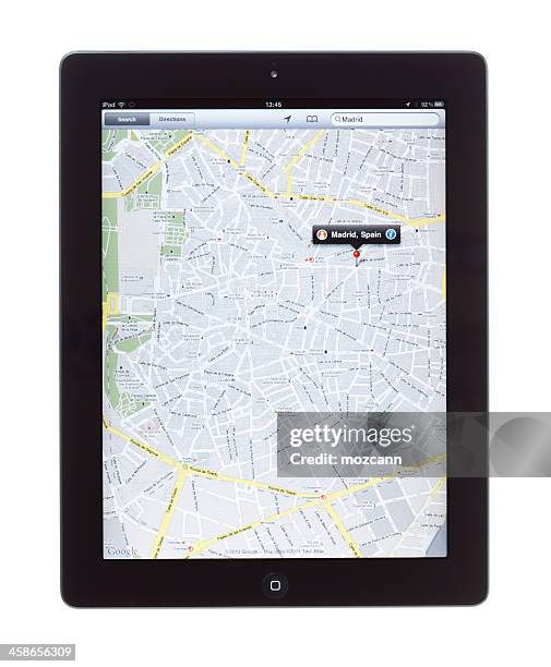 madrid map on ipad2 - google map stock pictures, royalty-free photos & images