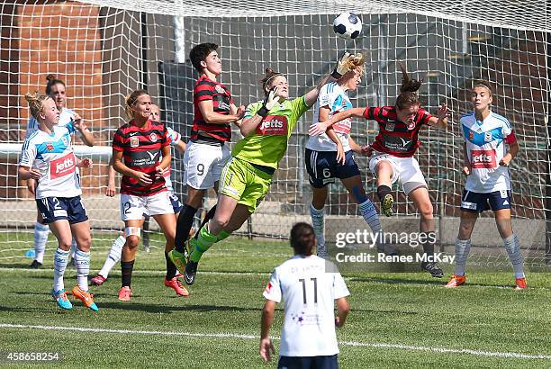 Brianna Davey of the Victory stops a Wanderers goal during the round nine W-League match between Western Sydney and Melbourne at Marconi Stadium on...