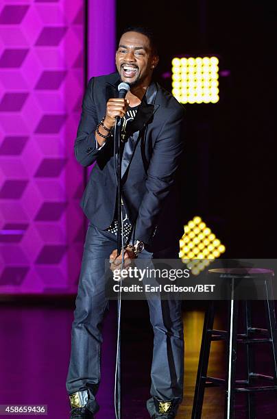 Comedian Bill Bellamy speaks onstage during Centric Presents: The Soul Train Review at The Orleans Showroom at The Orleans Hotel & Casino on November...