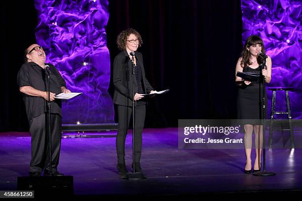 Actors Danny DeVito, Rhea Perlman and Lucy DeVito speak onstage at the International Myeloma Foundation 8th Annual Comedy Celebration benefiting The...