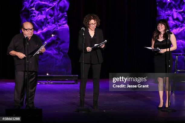 Actors Danny DeVito, Rhea Perlman and Lucy DeVito speak onstage at the International Myeloma Foundation 8th Annual Comedy Celebration benefiting The...