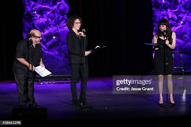 Actors Danny DeVito, Rhea Perlman and Lucy DeVito speak onstage at the International Myeloma Foundation 8th Annual Comedy Celebration benefiting The...