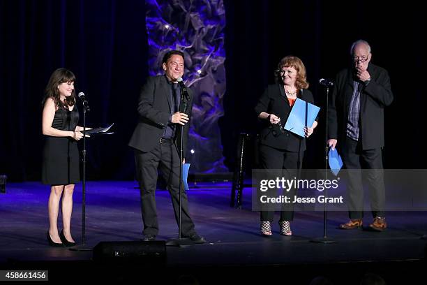 Actress Lucy DeVito, co-creator of "Celebrity Autobiography Eugene Pack, actors Lesley Nicol and Howard Hesseman speak onstage at the International...