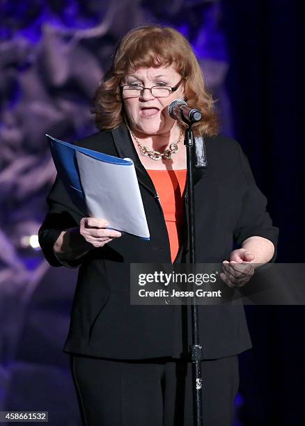 Actress Lesley Nicol speaks onstage at the International Myeloma Foundation 8th Annual Comedy Celebration benefiting The Peter Boyle Research Fund &...