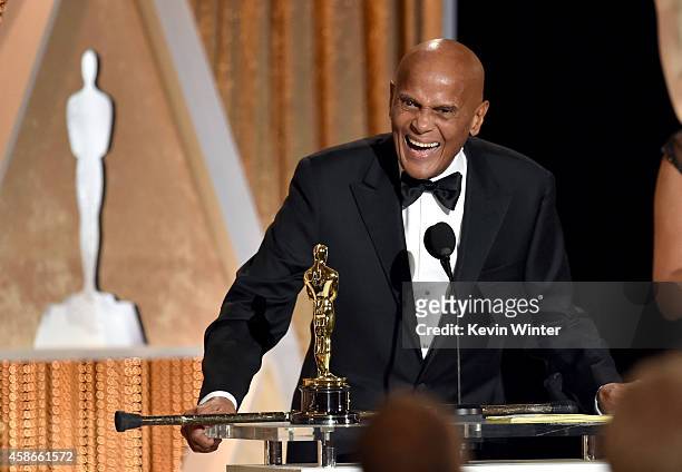 Honoree Harry Belafonte accepts the Jean Hersholt Humanitarian Award onstage during the Academy Of Motion Picture Arts And Sciences' 2014 Governors...
